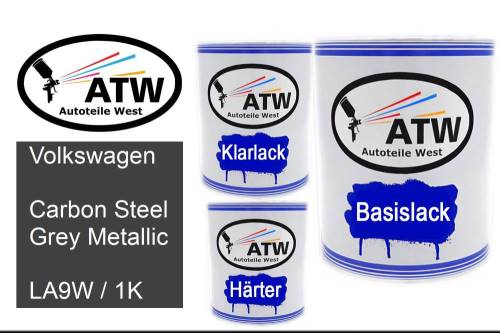 Volkswagen, Carbon Steel Grey Metallic, LA9W / 1K: 1L Lackdose + 1L Klarlack + 500ml Härter - Set, von ATW Autoteile West.